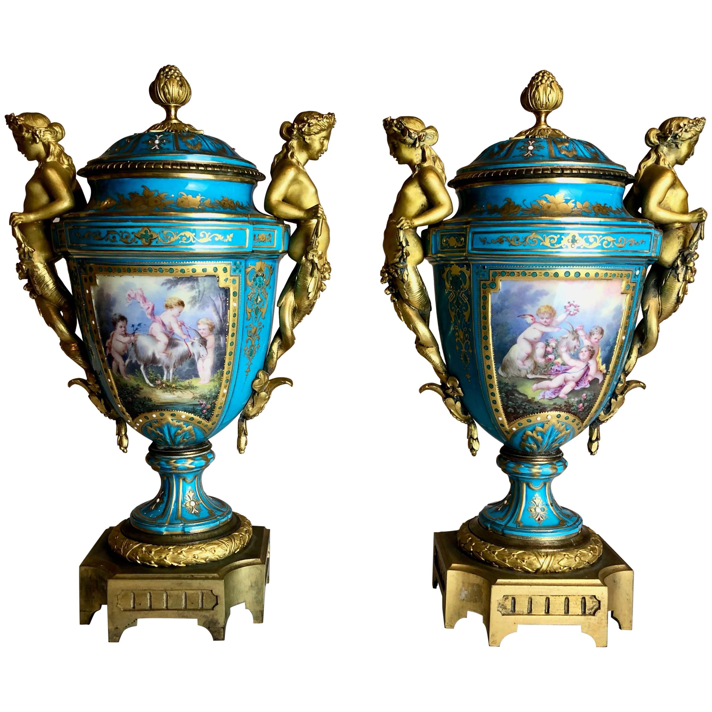 Antique Pair of Gilt Bronze-Mounted Sèvres Vase, French, circa 1870
