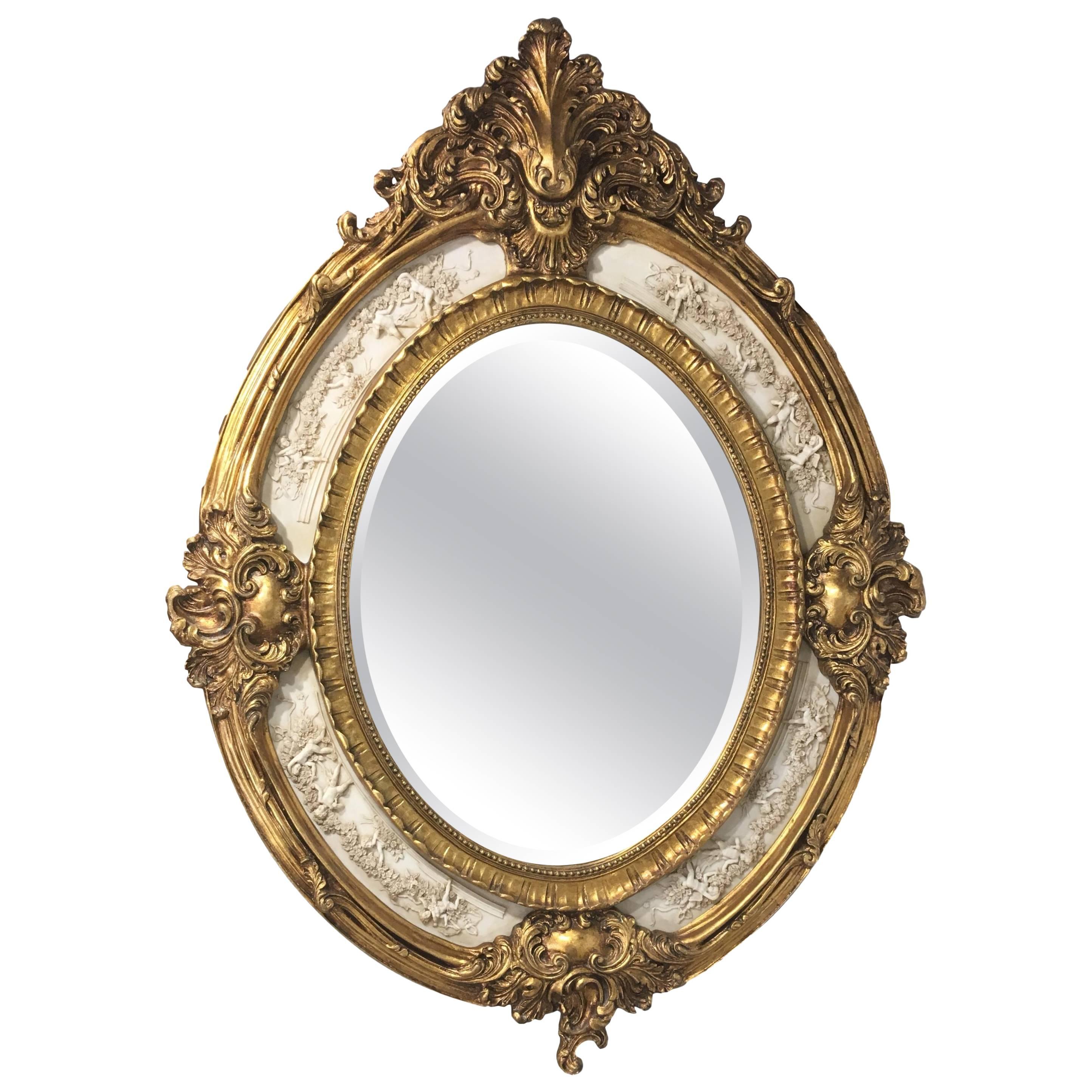 19th French Empire Period Gilt Wood Oval Mirror with Carved Marble