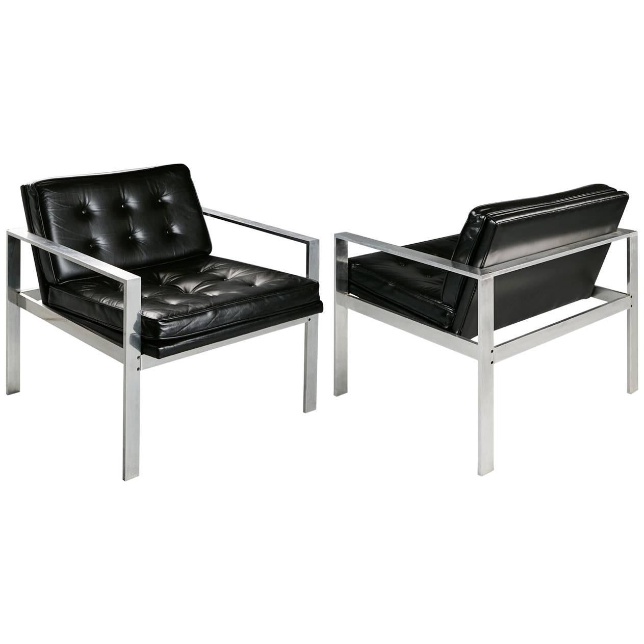 Harvey Probber Aluminum and Black Tufted Leather Armchairs, 1960s