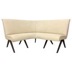 Vintage Corner Sofa with Wooden Structure and Ivory Skai Upholstery, Italy