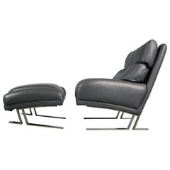 Milo Baughman Grey Leather Lounge Chair and Ottoman for Directional, circa 1970