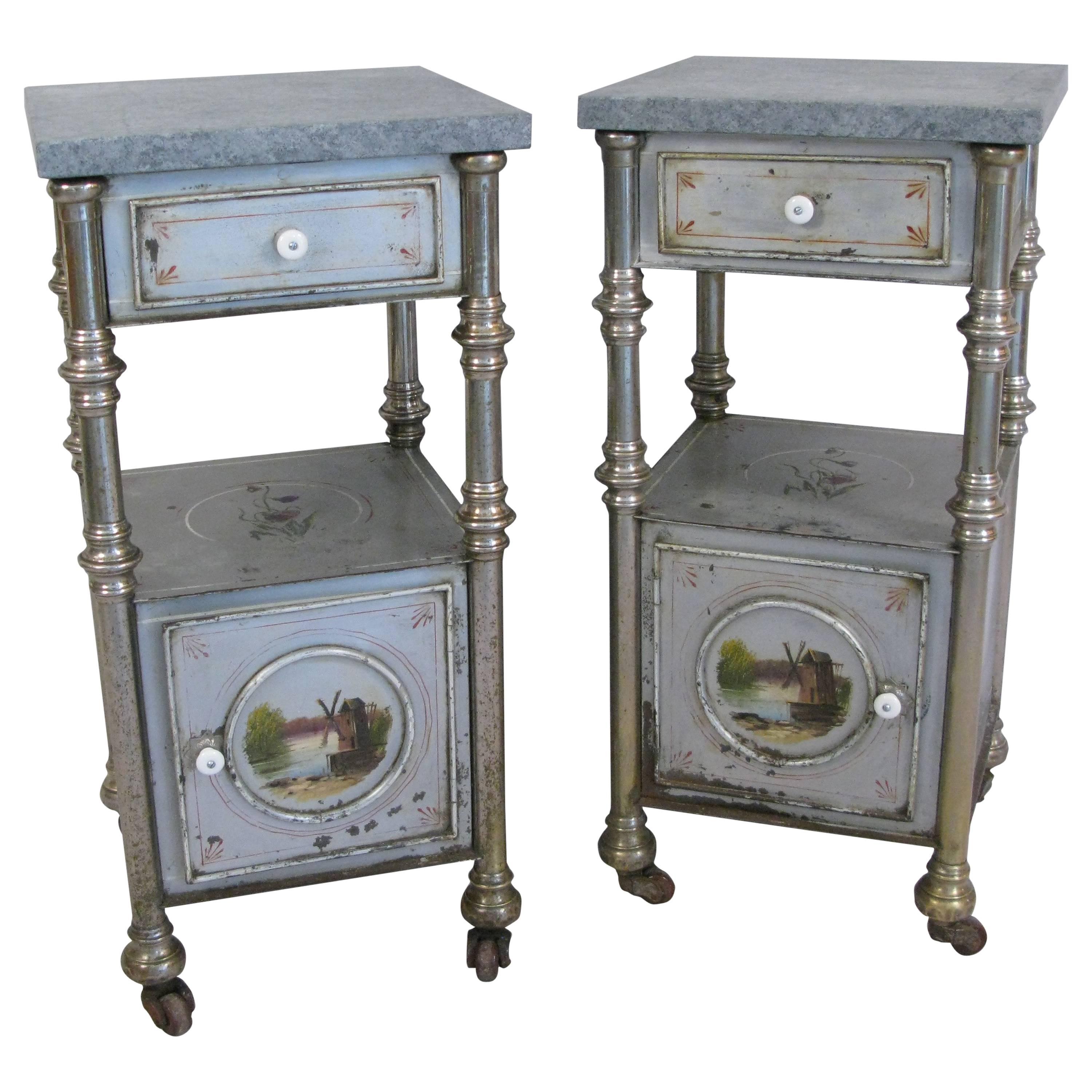 Pair of 19th Century Russian Paint Decorated Metal Stands with Marble Tops For Sale