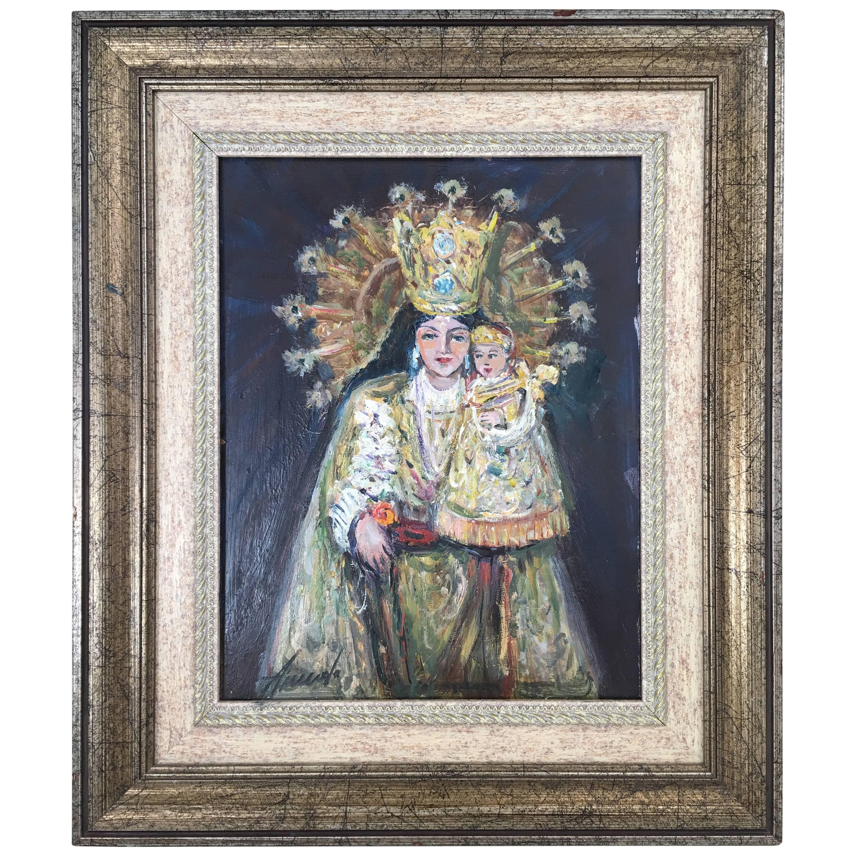 20th Century Oil Painting of Madonna and Child by Arnedo Linares, Spain For Sale