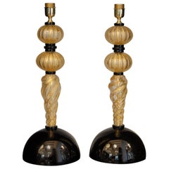 Alberto Dona Pair of Table Lamps, Rigadin Twisted with Gold Leaf, Black Elements