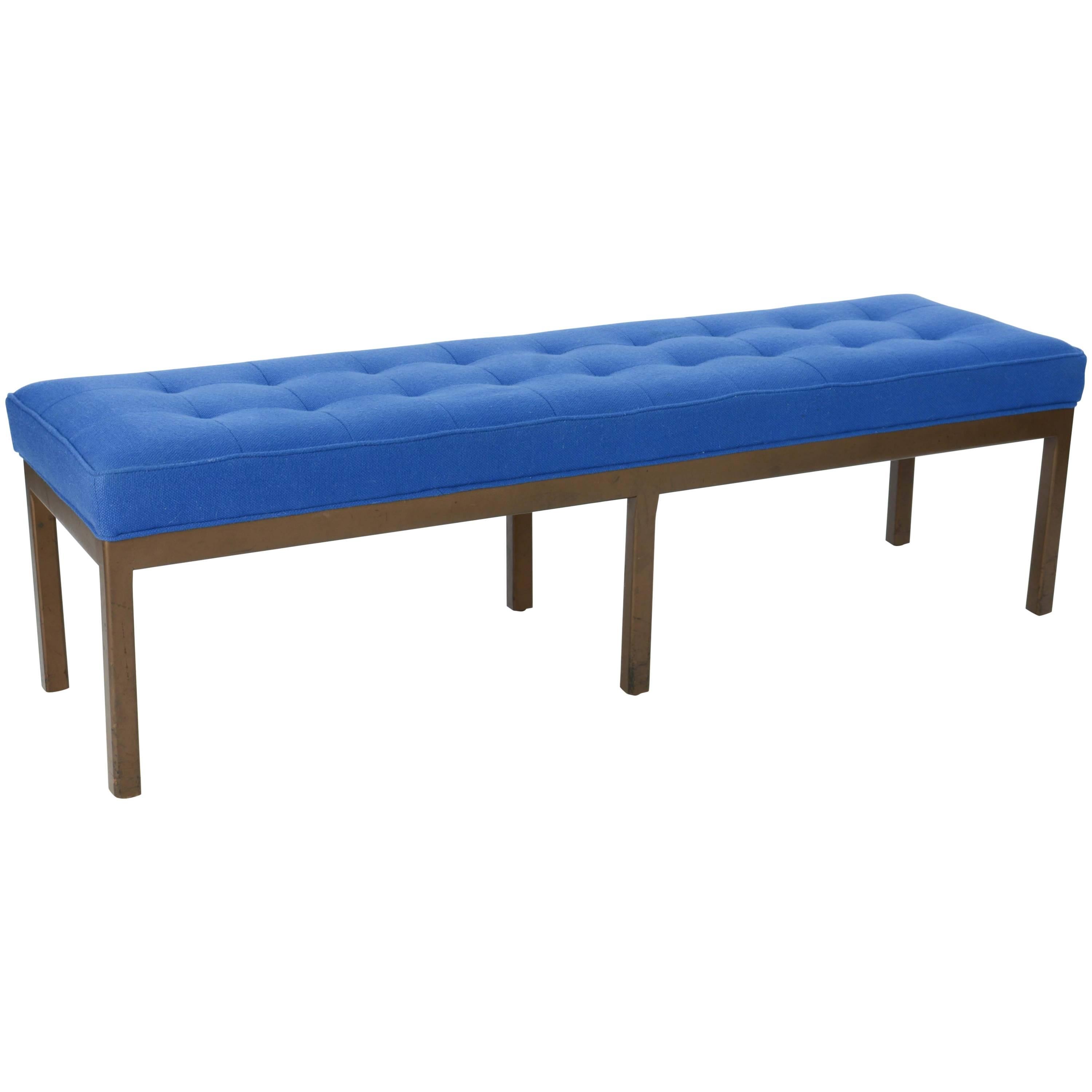 Wonderful Tufted Bench after Harvey Porbber in Walnut and Royal Blue Wool For Sale