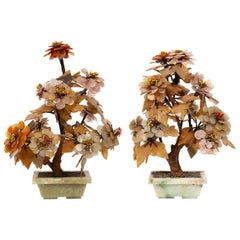 Pair of Chinese Flowering Plant Models in Soapstone and Hardstone