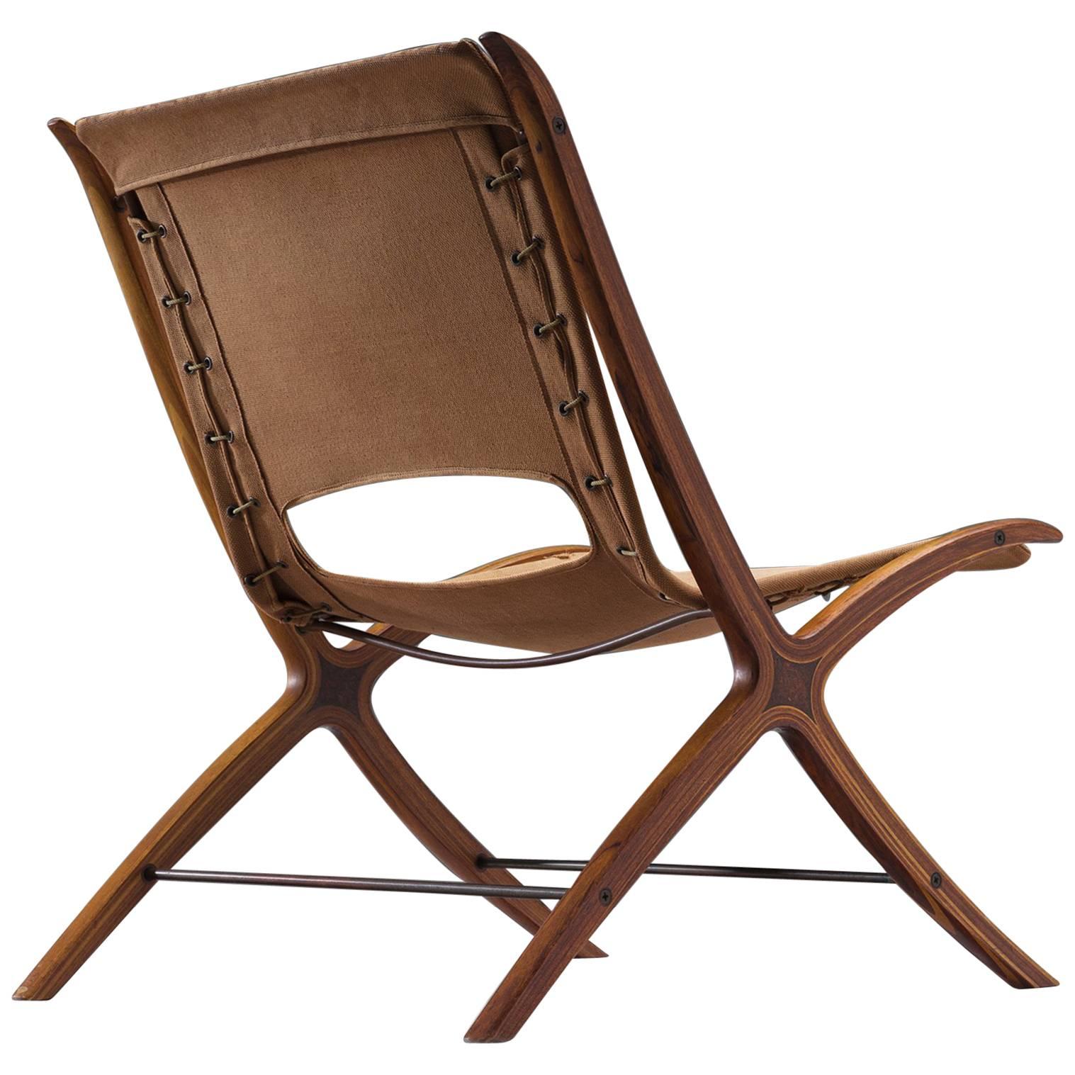 Nielsen and Hvidt X-Chair in Mahogany and Bird's-Eye Wood with Original Canvas