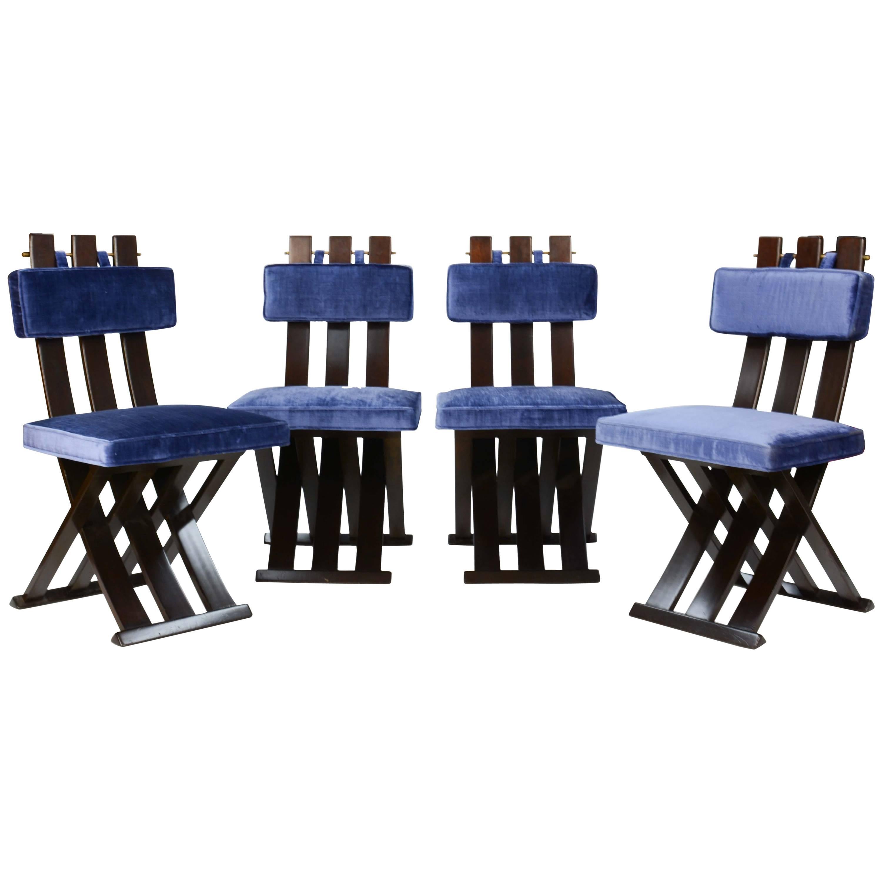 Set of Four Harvey Probber X-Side Chair with Brass Accents and Royal Blue Fabric For Sale