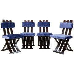 Set of Four Harvey Probber X-Side Chair with Brass Accents and Royal Blue Fabric