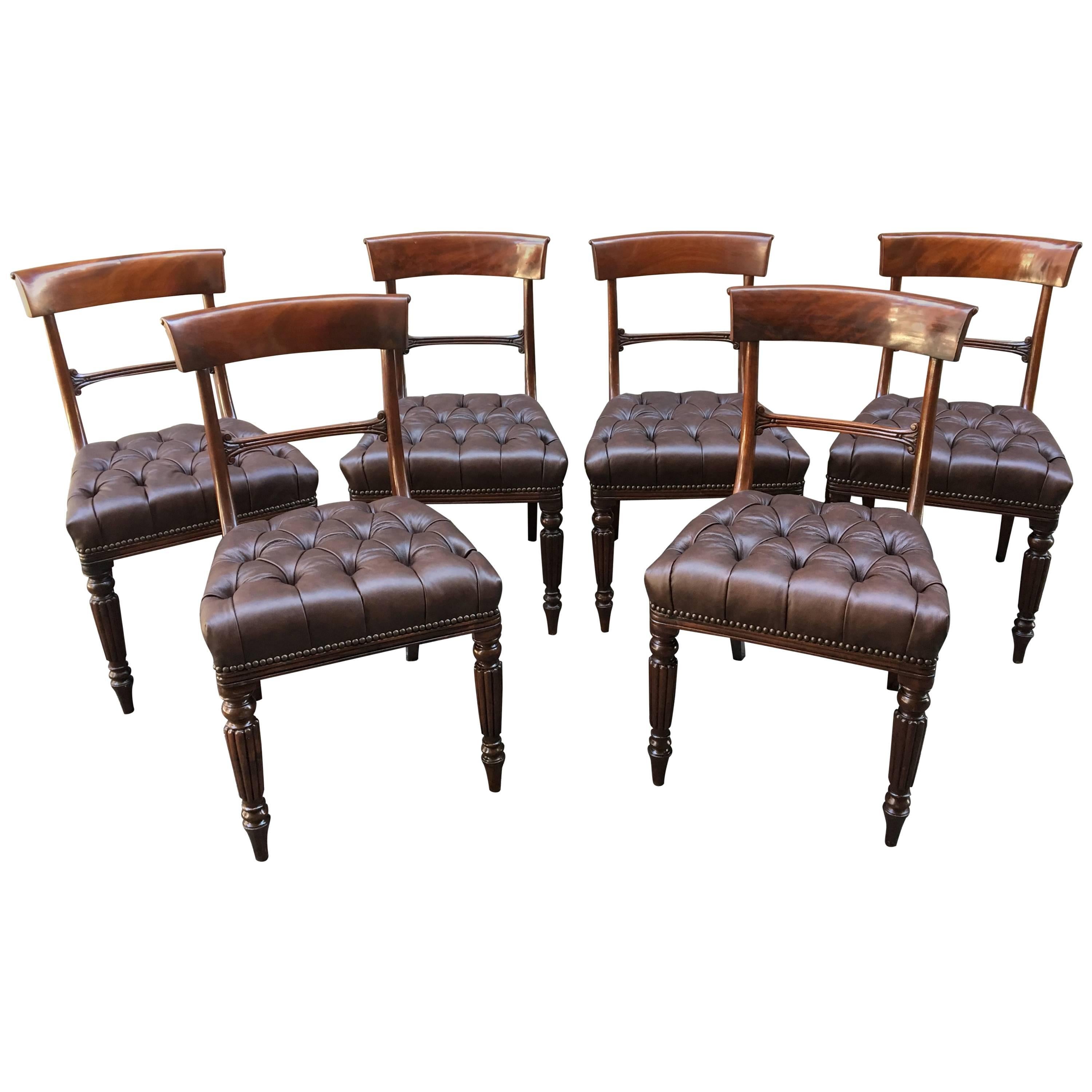 19th Century Set of Six Philadelphia, Baltimore Mahogany Tufted Leather Chairs 