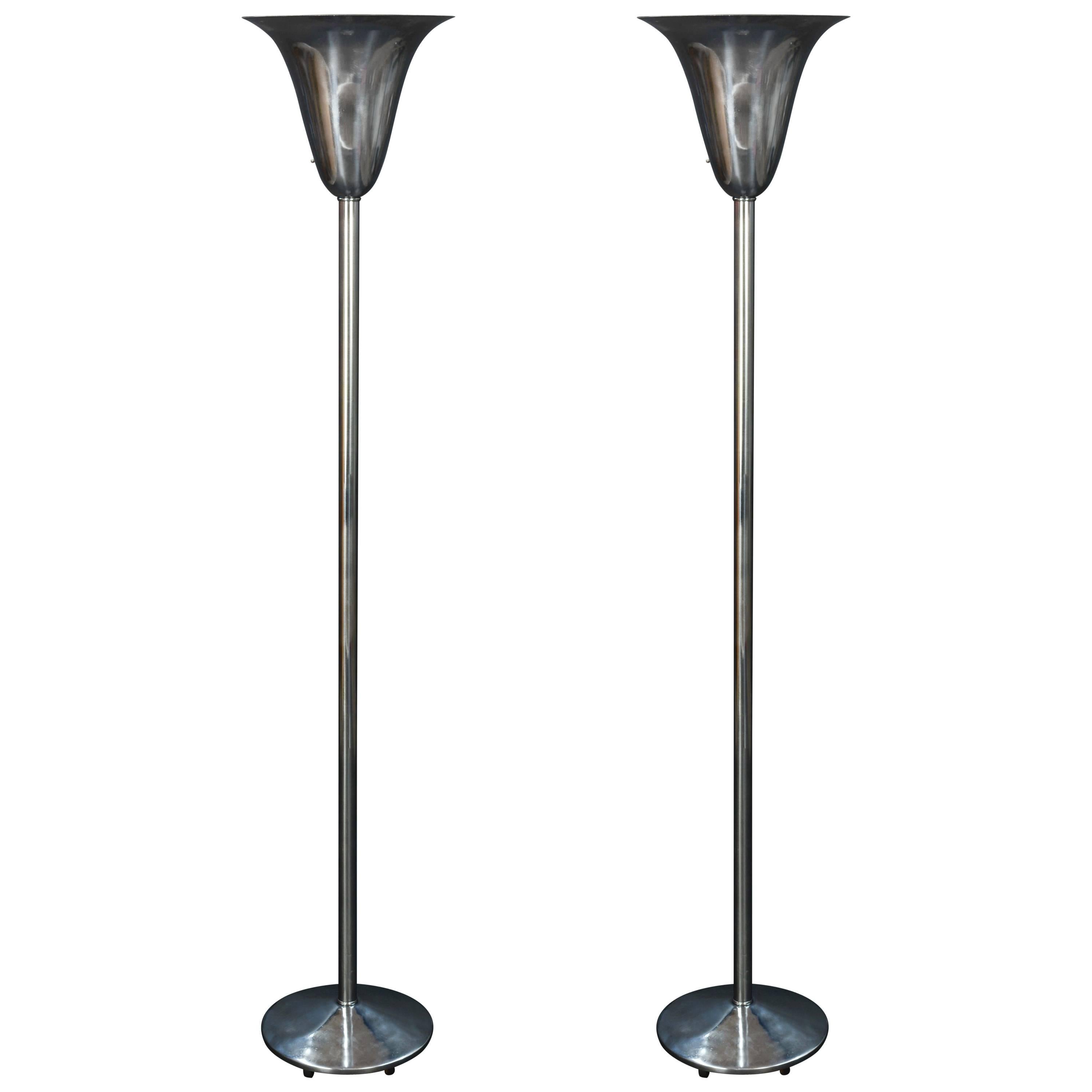 Pair of Polished 1930s Art Deco Fluted Torchieres after Norman Bel Geddes For Sale