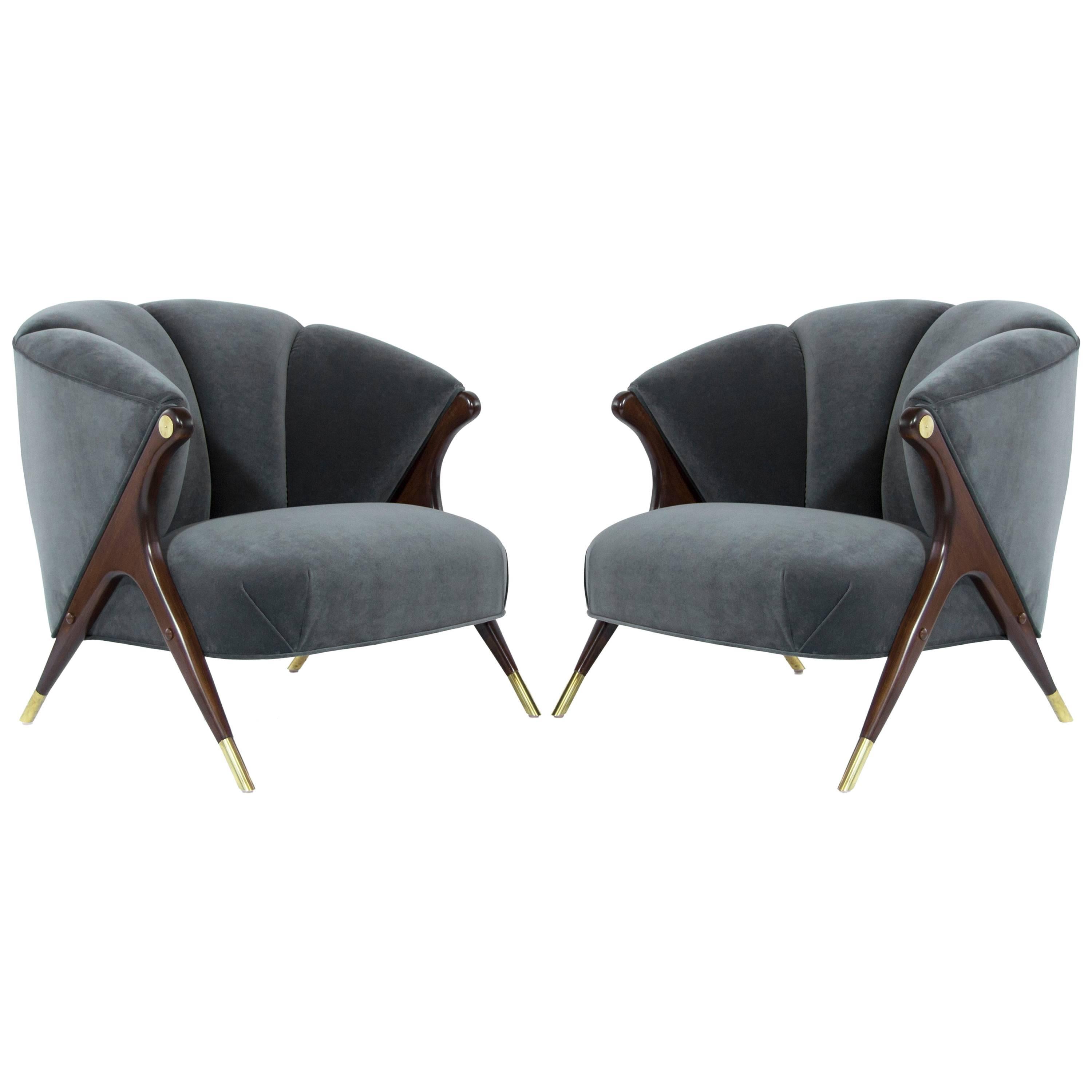 Modernist Karpen of California Lounge Chairs in Granite Velvet