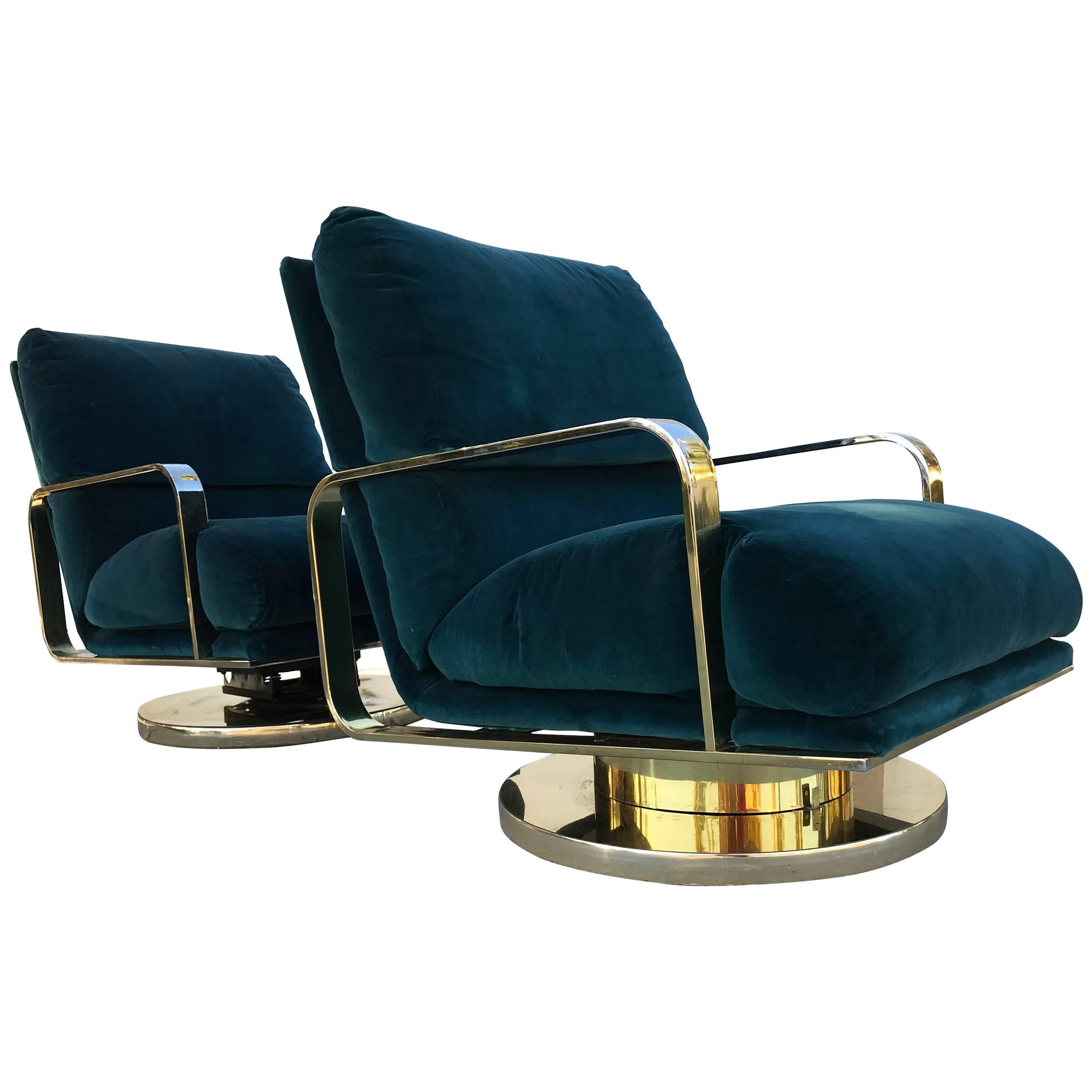 Rare Milo Baughman Brass Base Swivel Lounge Chairs, Pair