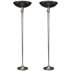 Pair of Grand 1930s Polished Starlite Torchiere with Perforated Diffusers