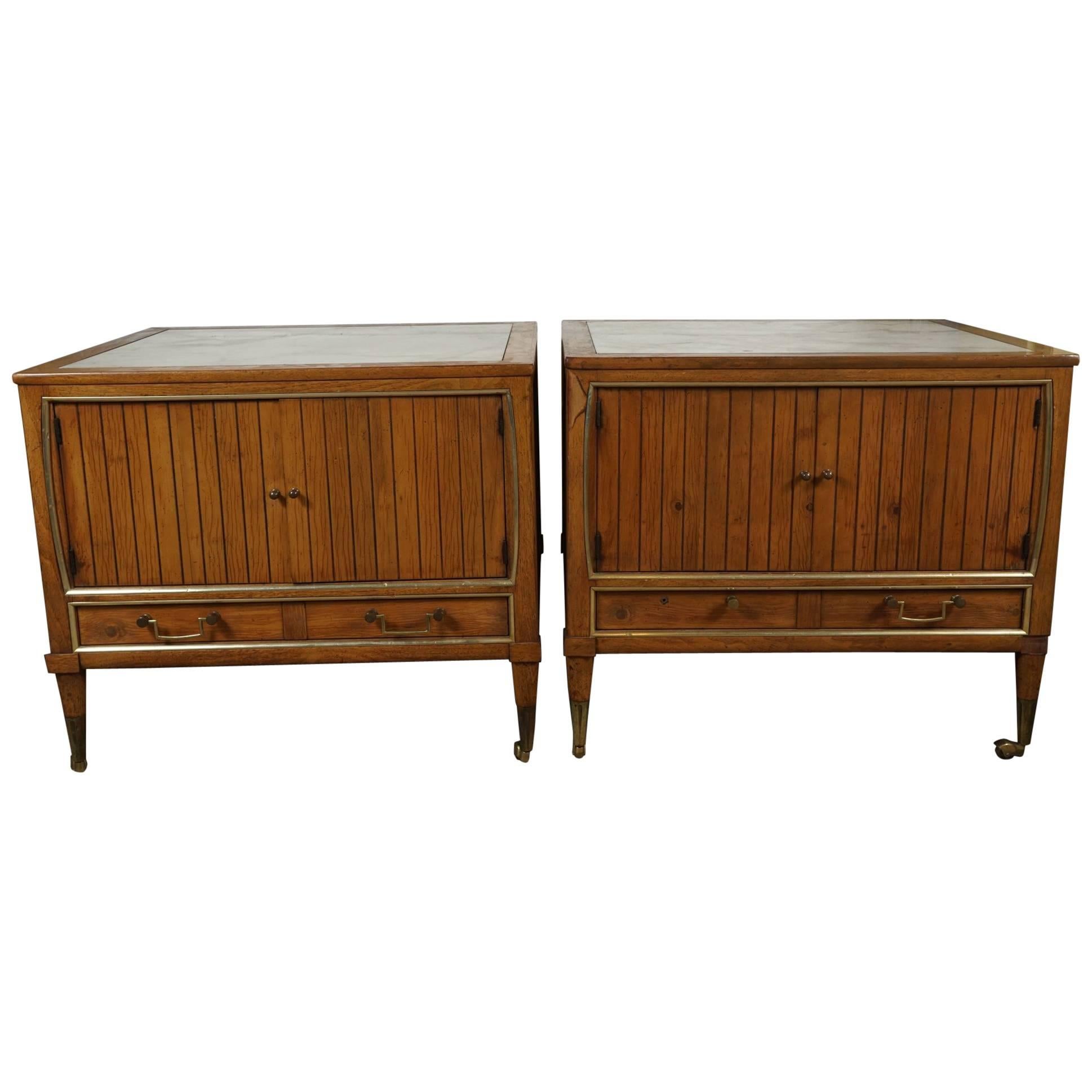 Pair of End Tables with a Maple Finish and Marble Tops For Sale