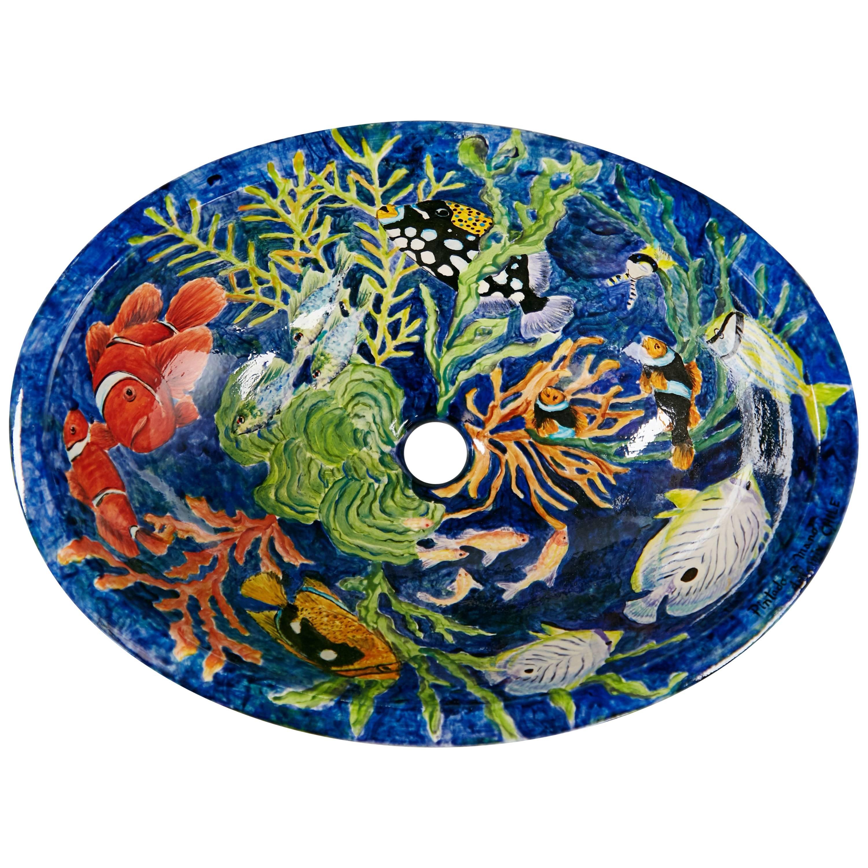 Hand-Painted Aquatic Porcelain Sink, Chile 20th Century