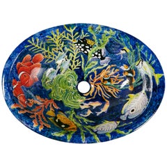 Vintage Hand-Painted Aquatic Porcelain Sink, Chile 20th Century