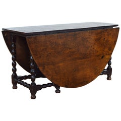 English Georgian Highly Burled Elm, Dark Oak Large Gateleg Table, 18th Century