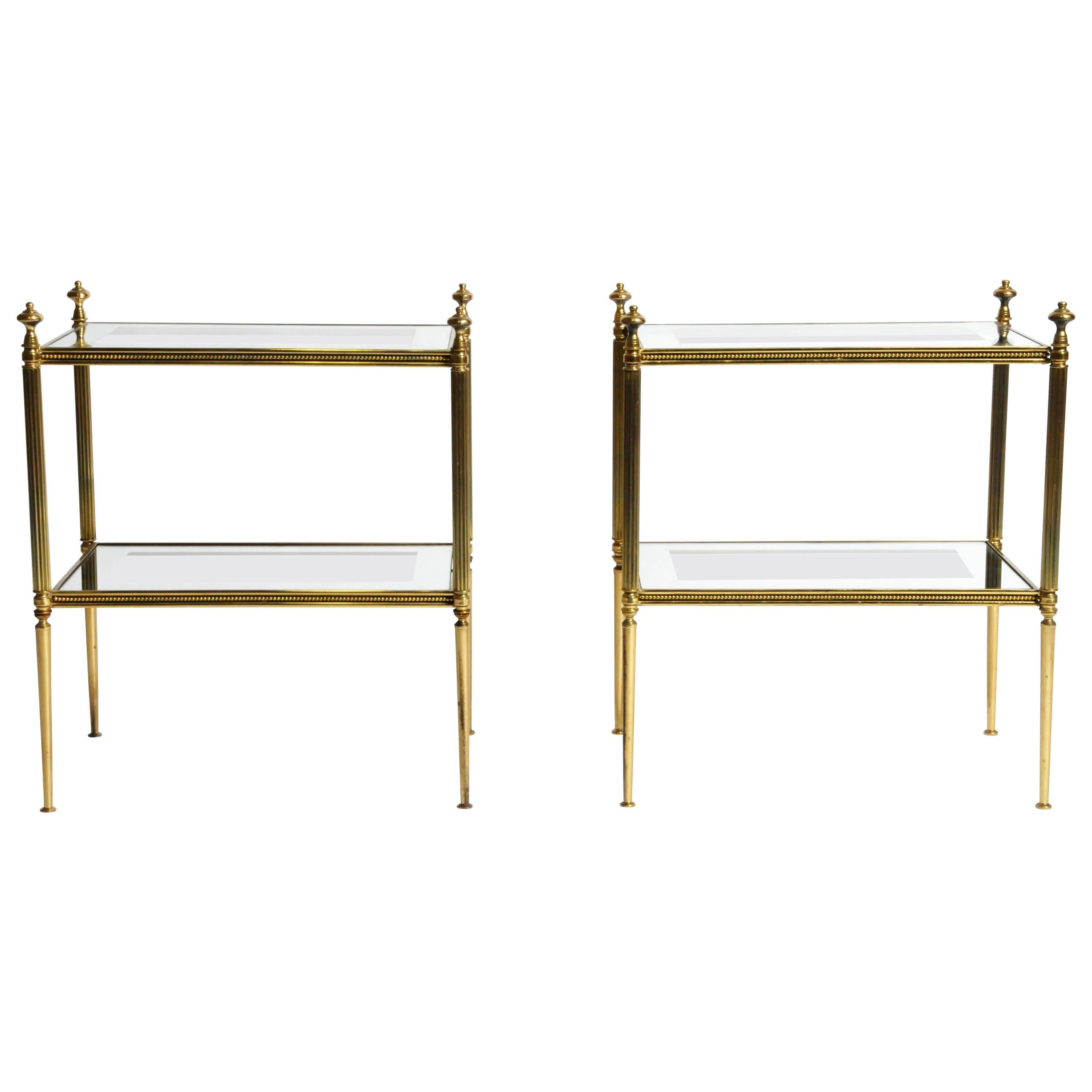 Pair of French Mid-Century Modern Side Tables with Mirrored Glass Shelves