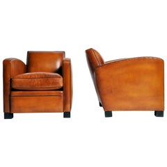 Pair of Parisian Golden Brown Leather Club Chairs with Dark Brown Piping