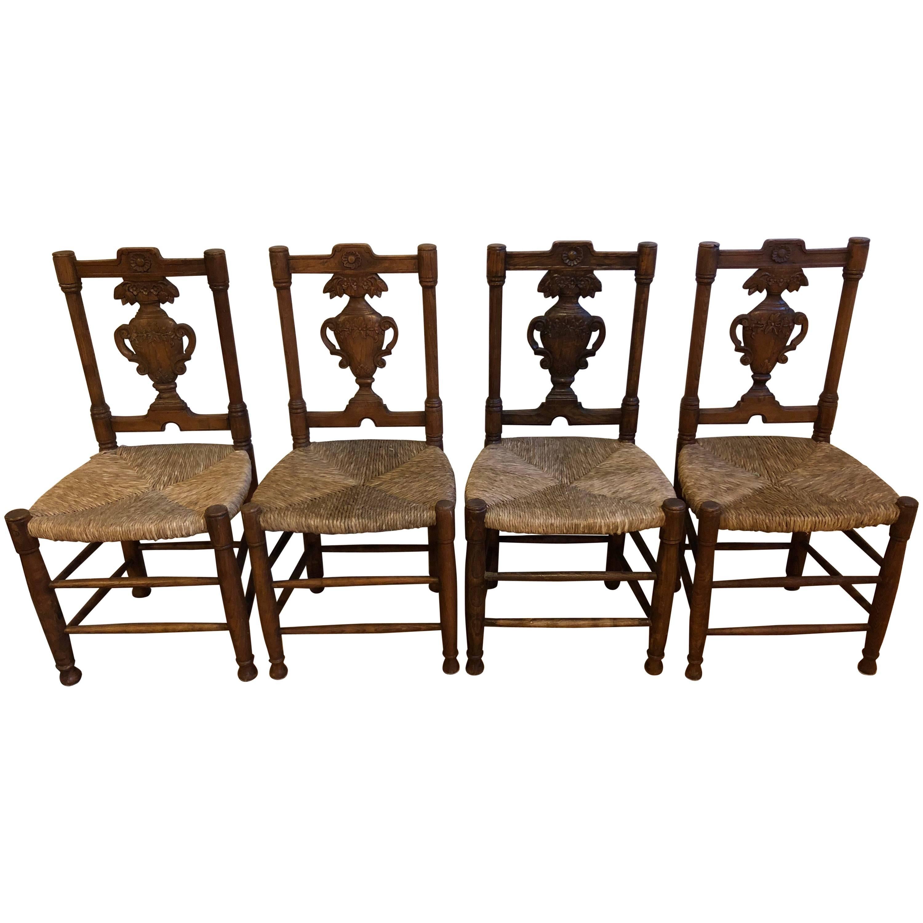 Set of Four French Provençal style Carved Rush Seat Dining Chairs
