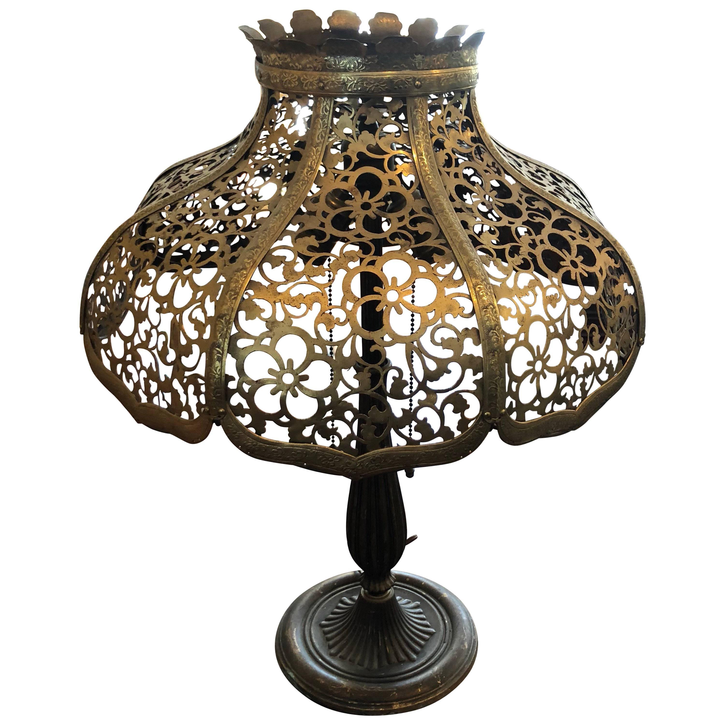 Antique Gilt Lamp with Pierced Brass Shade by Miller