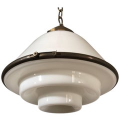 Antique Rare Shape 1920s Art Deco Two Piece Opaline Glass and Brass Pendant Light