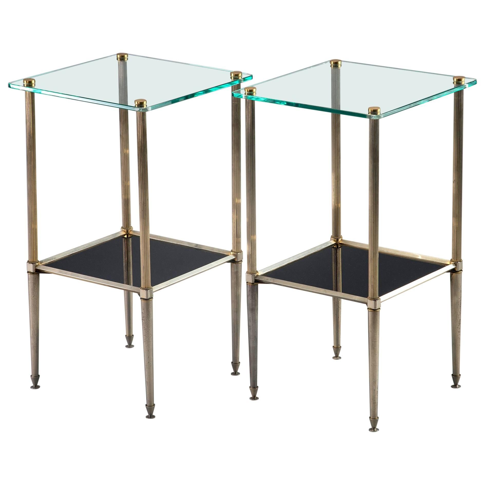 Pair of Brass Side Tables with Glass Top and Lower Shelf of Black Glass