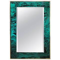 Vintage Faux Malachite Green and Brass Wall Mirror Hollywood Regency