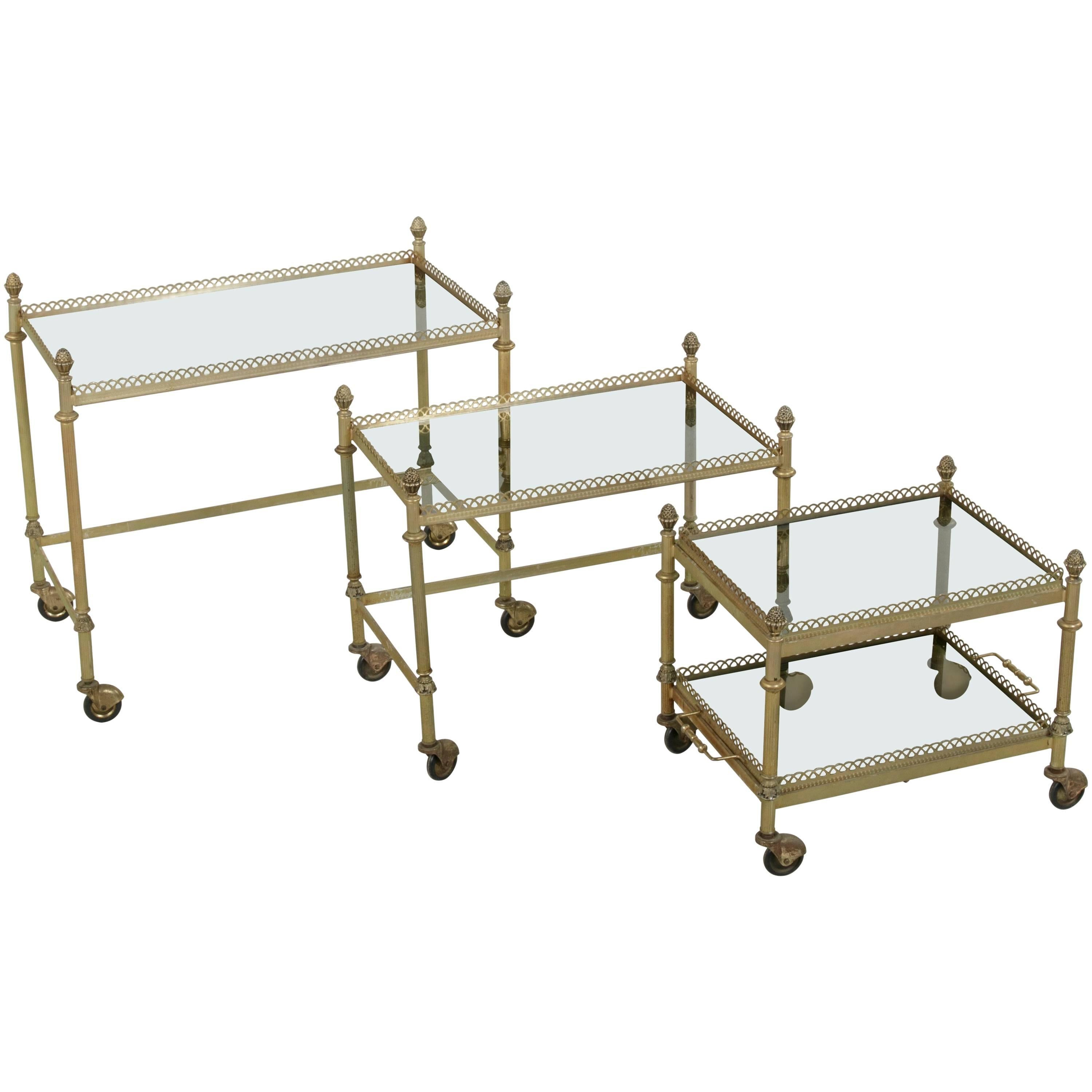 Set of Three Mid-20th Century French Bronze Nesting Tables with Glass Trays