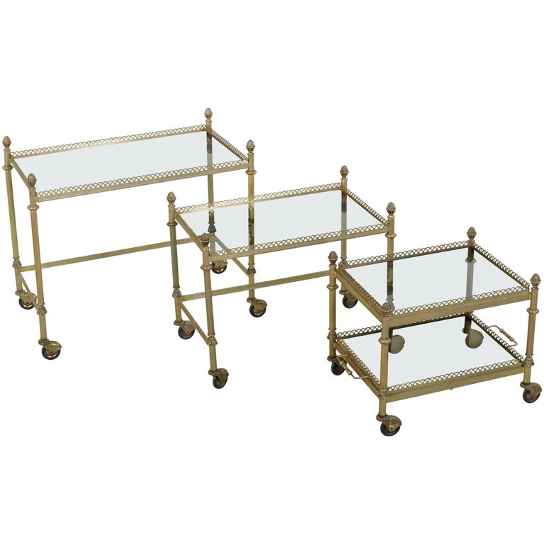 Set of Three Mid20th Century French Bronze Nesting Tables with Glass