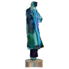 Figurative Blue Glass Sculpture of Women in Cloak