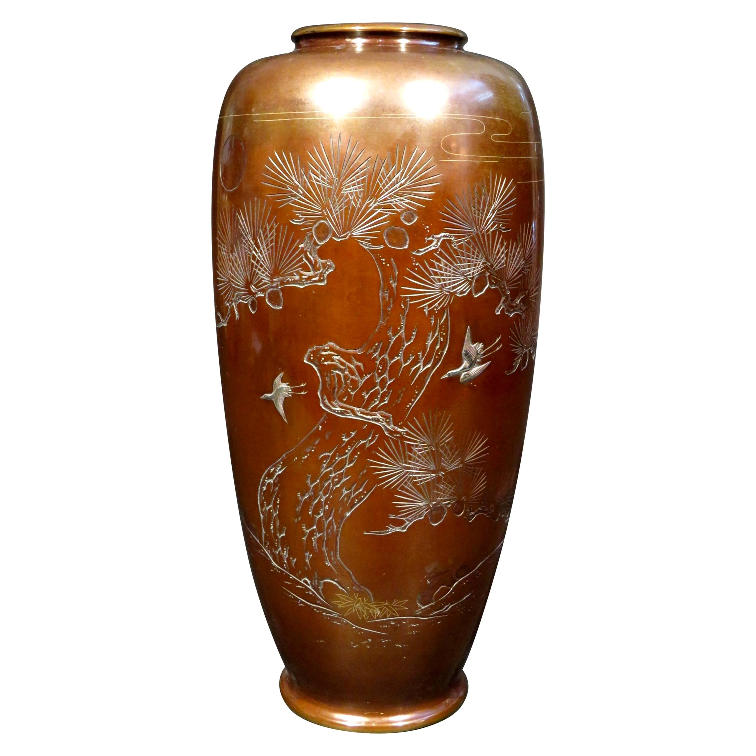 Very Fine & Large Japanese Bronze & Mixed Metal Vase, Meiji Period  For Sale