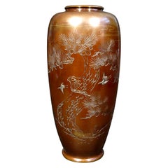 Antique Very Fine & Large Japanese Bronze & Mixed Metal Vase, Meiji Period 