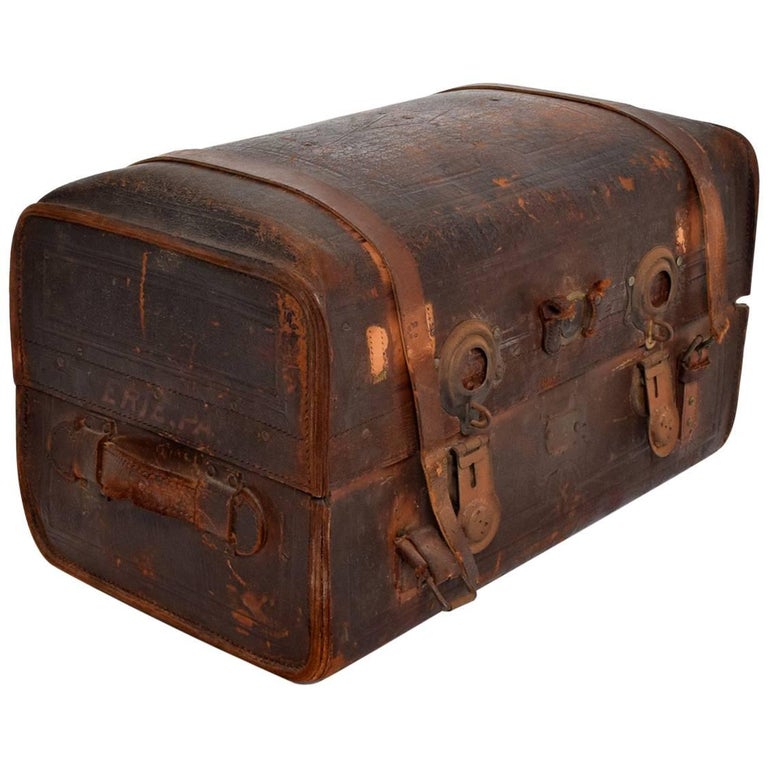 Antique Travel Leather Trunk Suitcase For Sale at 1stDibs