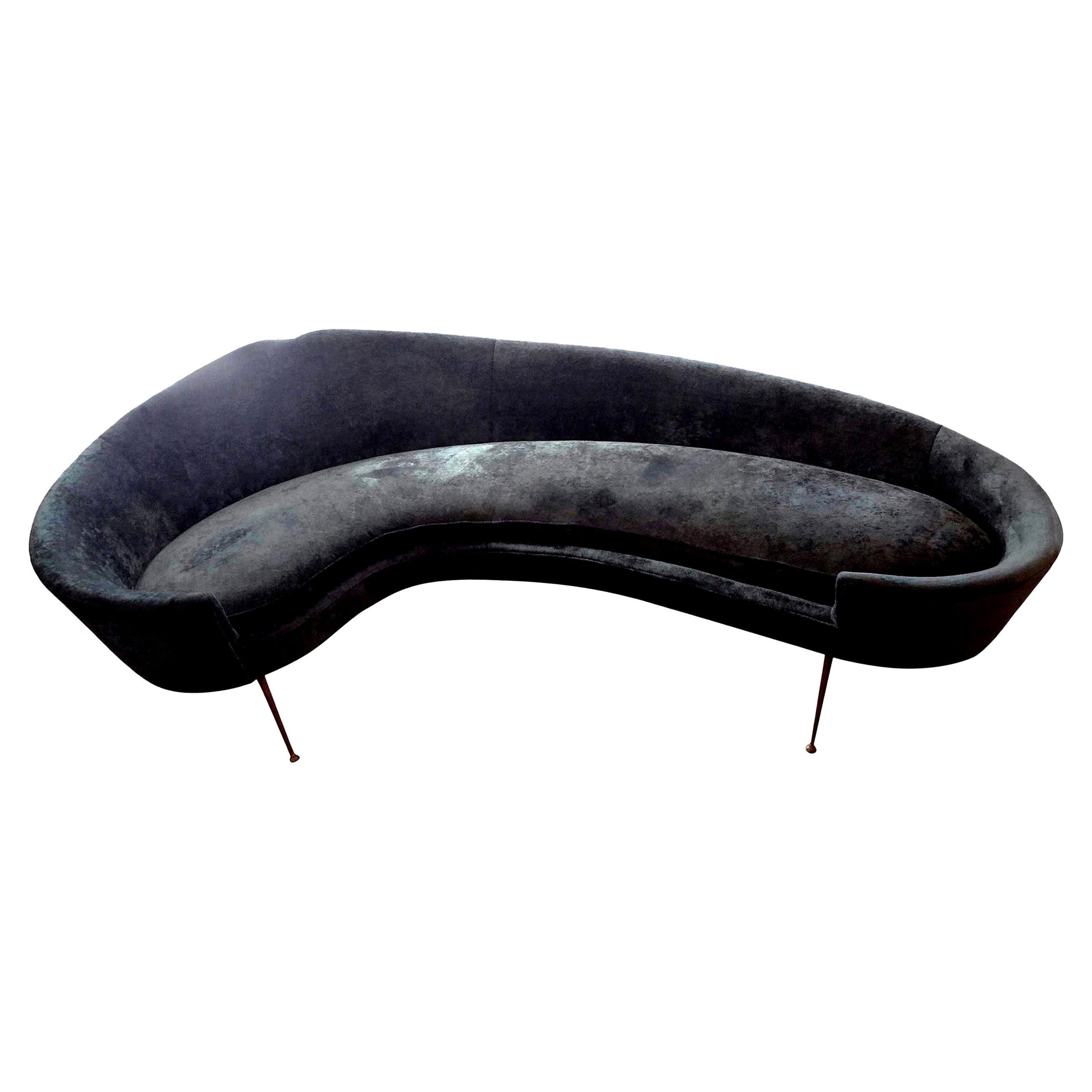 Midcentury Italian Curved Sofa with Brass Legs Attributed to Federico Munari