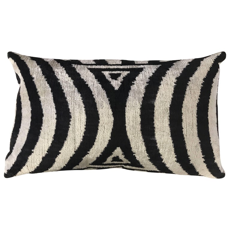 Ikat Silk Designer Black and White Rectangular Pillow at 1stDibs