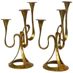 Pair of 1970s Organic Brass Three-Arm Candelabras