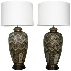 Pair of 1950s Large Reticulated Brass Table Lamps