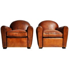 Pair of Parisian Light Brown Club Chairs with Dark Piping