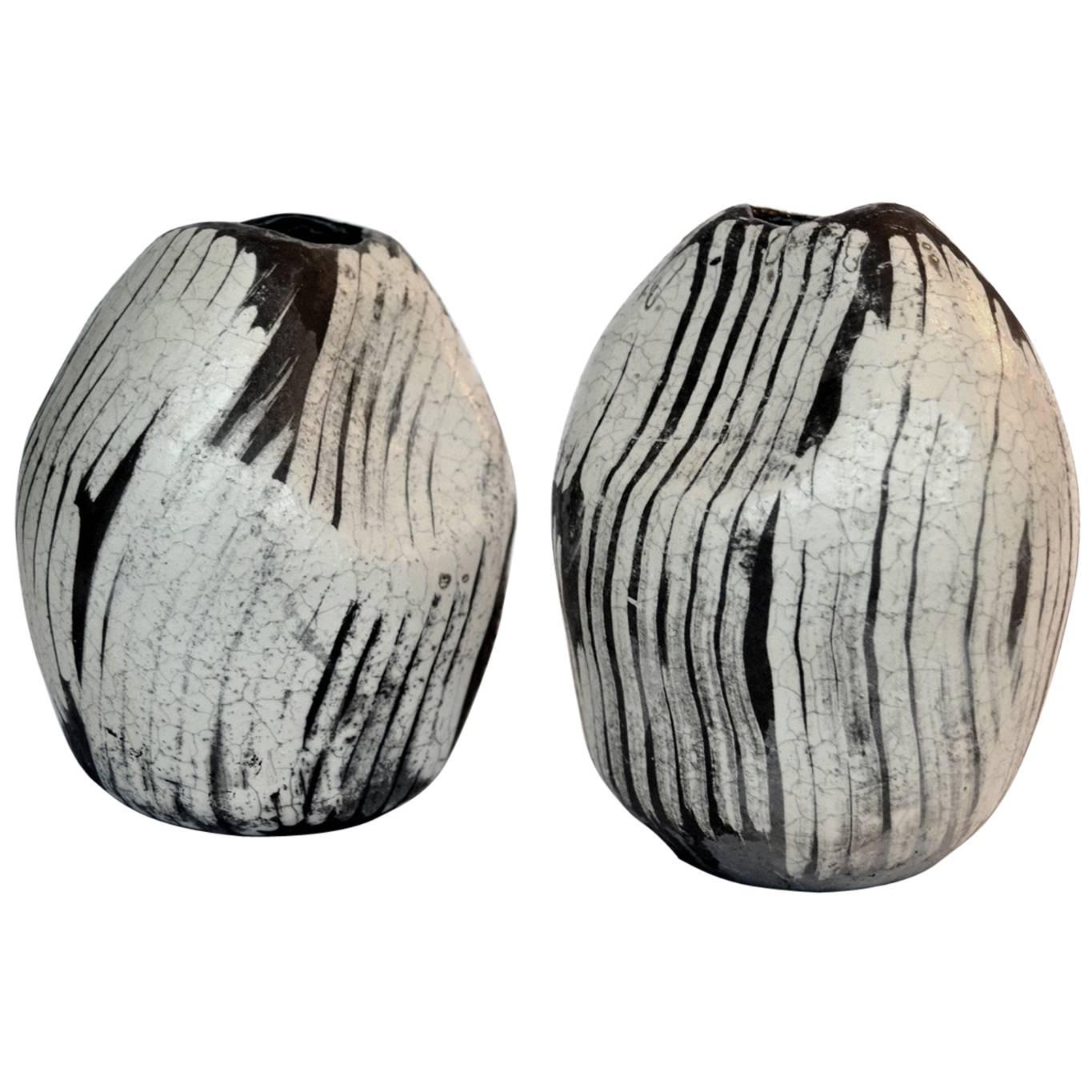 Studio Pottery Pair of Black and White Raku Vases