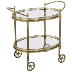 Mid-20th Century French Louis XVI Style Oval Brass Bar Cart with Smoked Glass