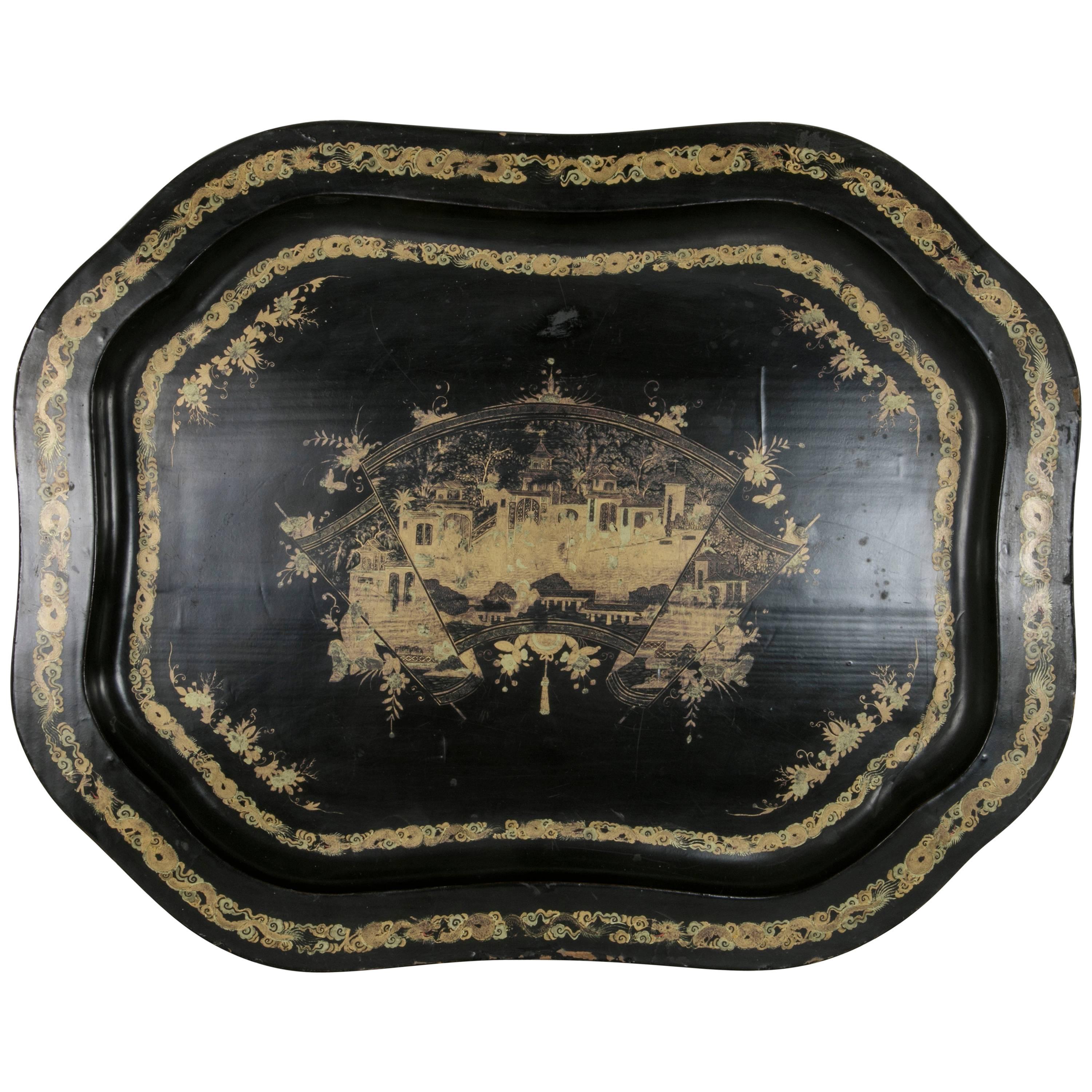 Large 19th Century Chinese Export Black Lacquer Wooden Serving Tray