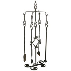 Antique Set of Large Late 19th Century French Wrought Iron Fireplace Tools and Stand
