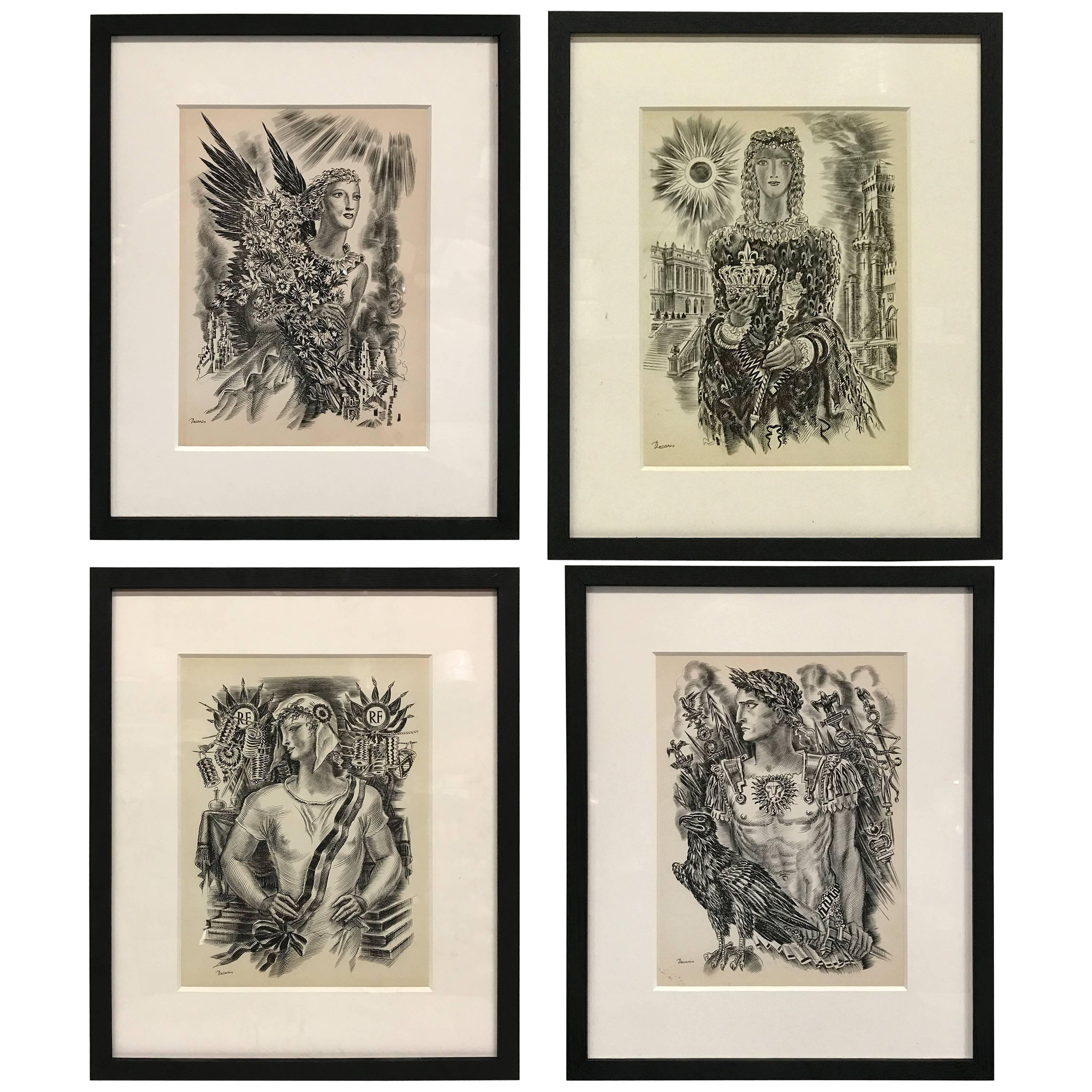 Set of Four Burin Engravings by Albert Decaris