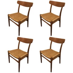 Set of Four Teak/Oak Dining Chairs with Rope Seats, Hans Wegner for Carl Hansen