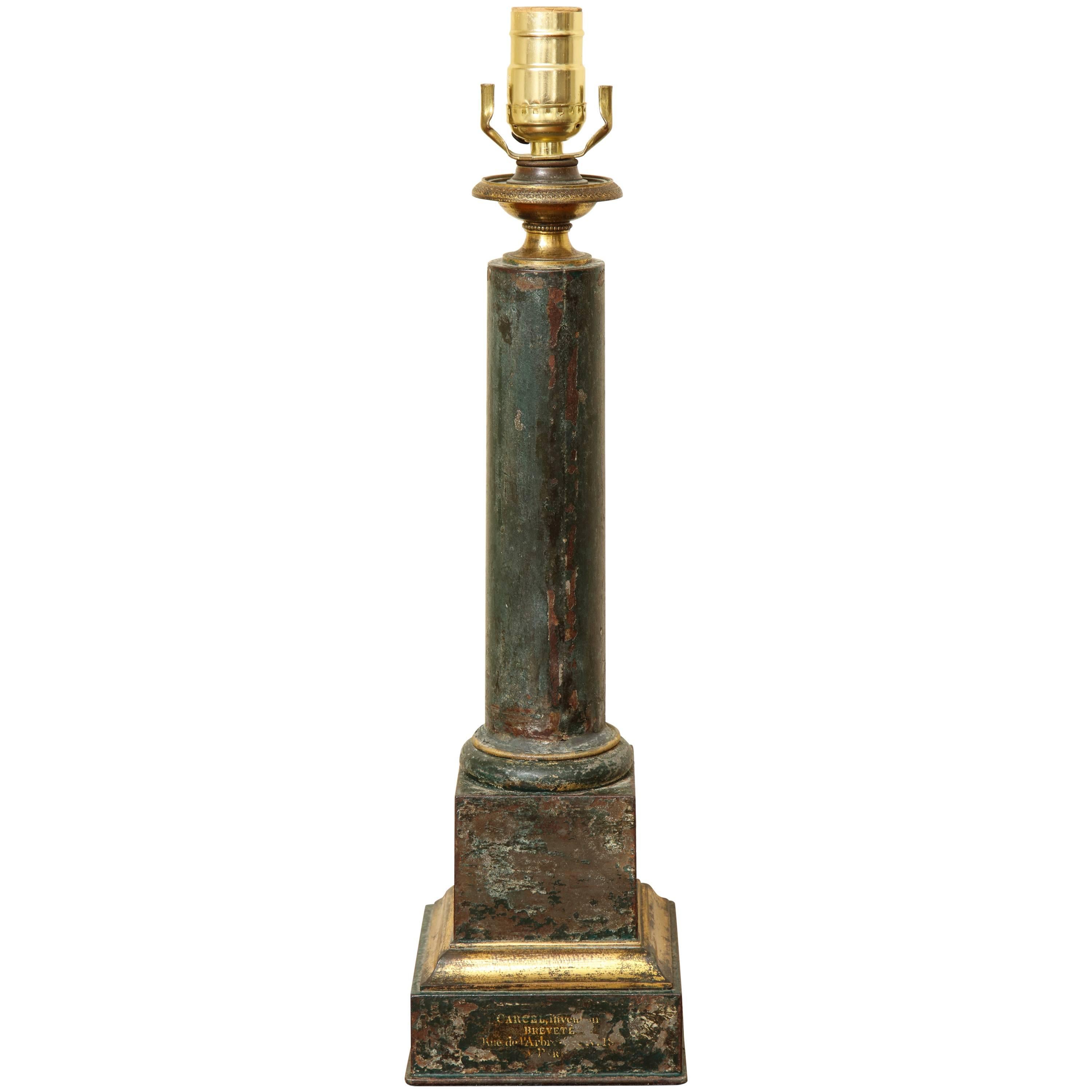 19th Century Dark Green Tole and Gilt Columnar Carcel Lamp