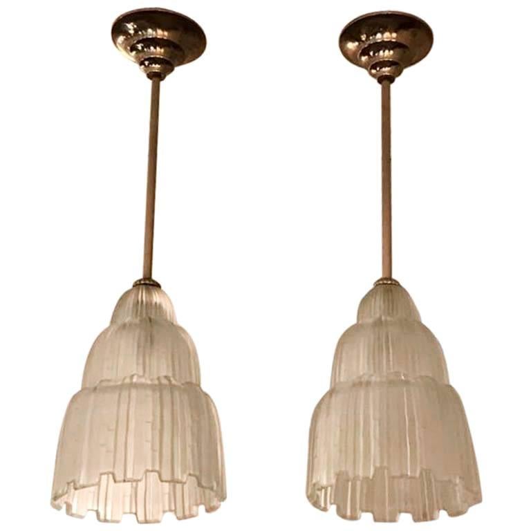 Pair of French Art Deco Waterfall Chandeliers Signed by Sabino For Sale