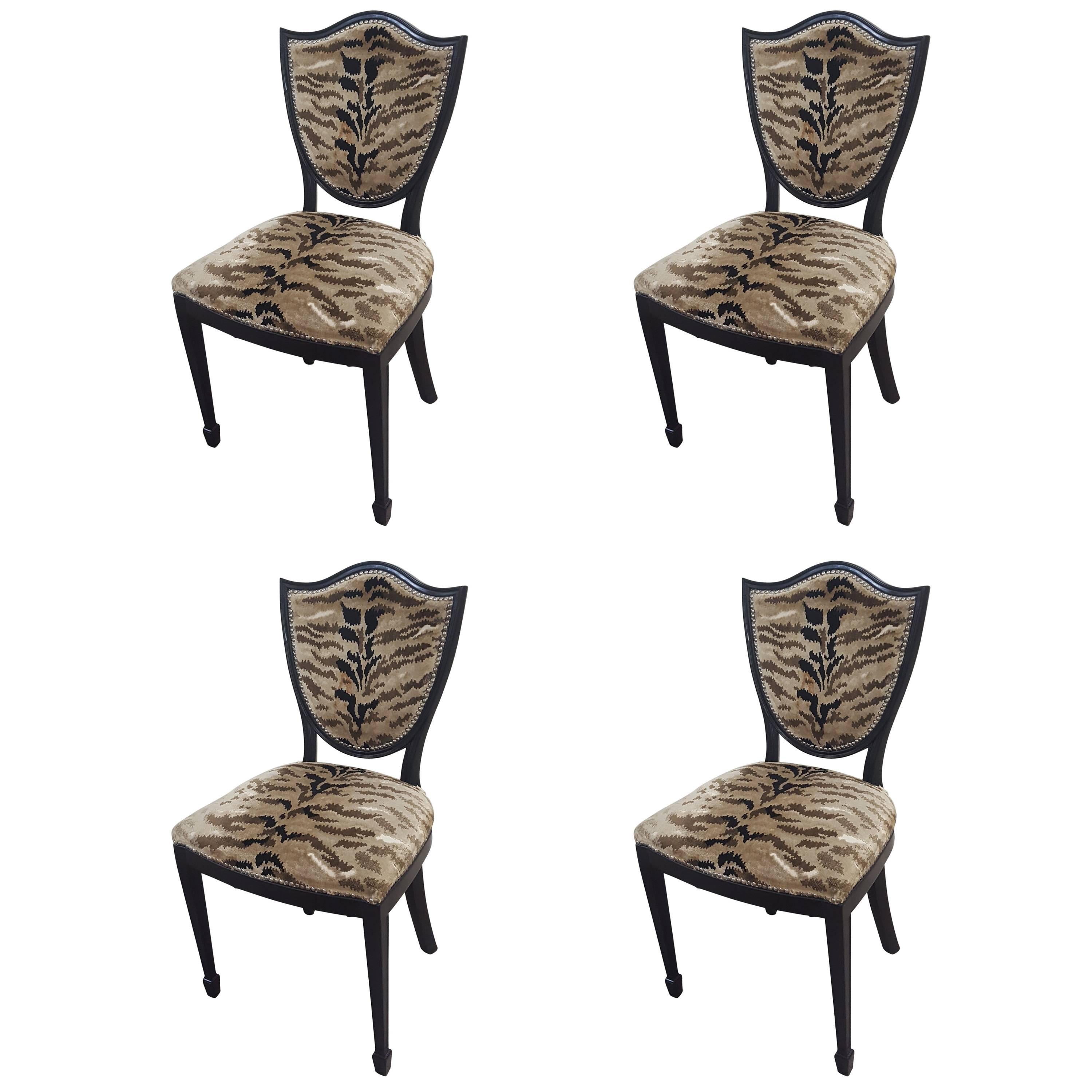 Set of Four Shield-Back Chairs Upholstered in Animal Fabric
