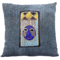 Antique African Beaded Mask with Indigo Net Pillow